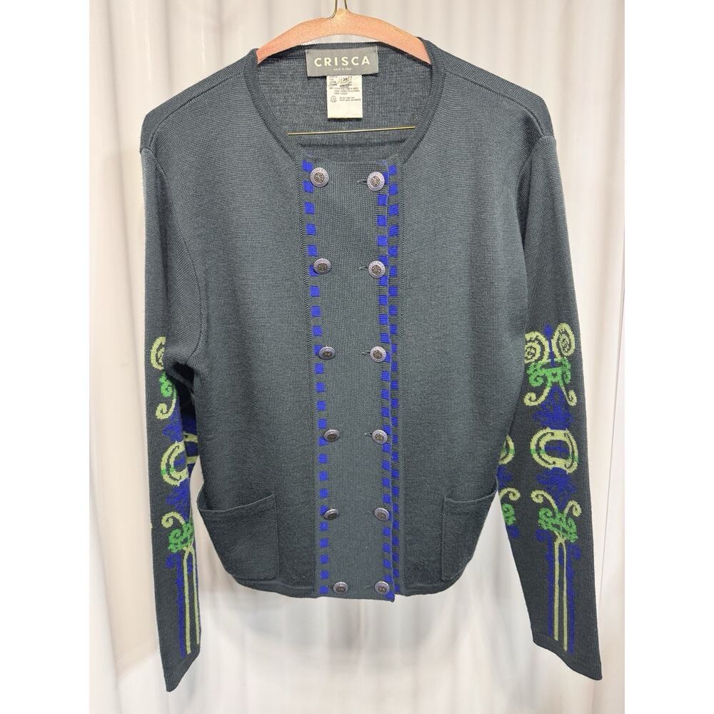 Crisca Italian Wool Cardigan Jacket Size 6 Embroidered W/folk Buttons